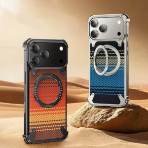 غطاء iPhone 17 Pro Max مغناطيسي بإطار ألمنيوم بدون حواف – كربون فايبر – حامل 360° دوّار – نحيف وخفيف – يدعم الشحن اللاسلكي