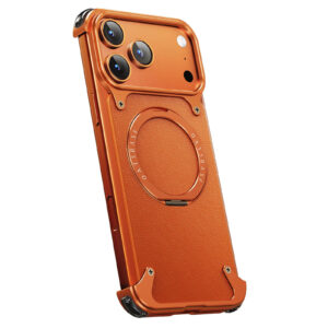 غطاء iPhone 17 pro max جلد طبيعي مع إطار معدني – حامل مغناطيسي دوّار 360° – مقاوم للصدمات – تصميم عملي فاخر